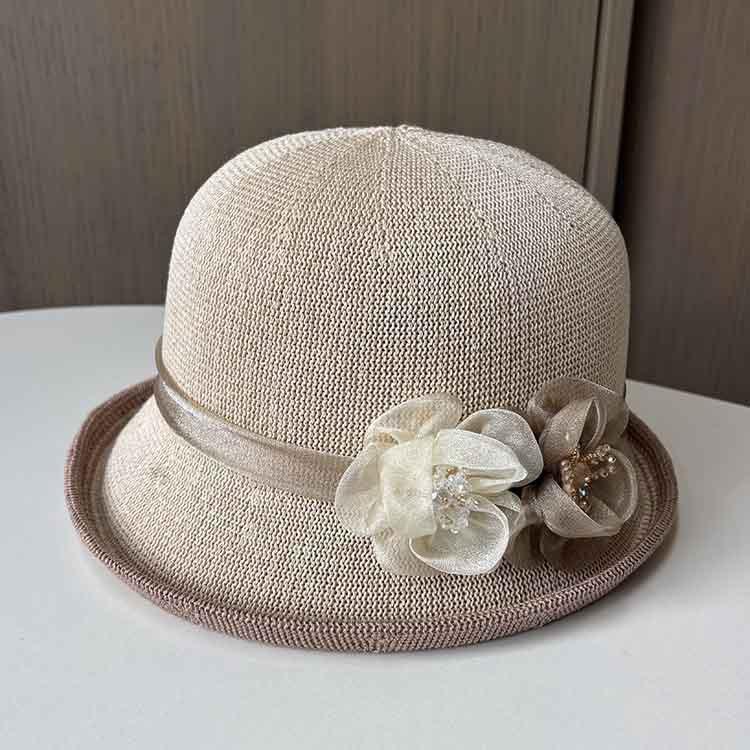 Top hat spring and summer thin small edge sunscreen basin hat women's fashion flower knitted bucket hat outdoor mother sunshade
