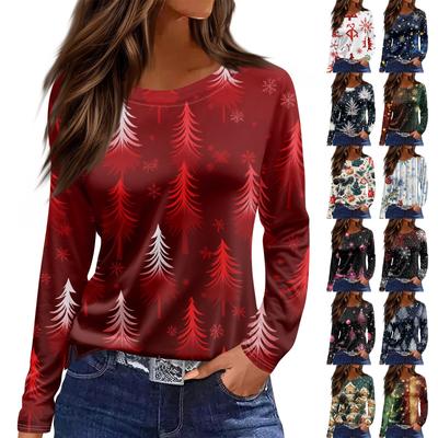 Moda feminina casual fenda bainha gola redonda manga comprida solta natal estampa camiseta top