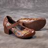 Johnature Ethnic Style Printed Pumps Genuine Leather Retro Round Toe Thick Heel Soft Sole Women's Shoes