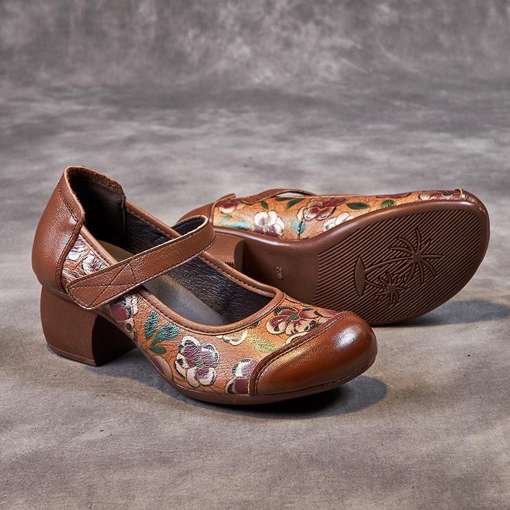 Johnature Pantofi de damă cu imprimeu în stil etnic, din piele naturală, cu vârf rotund, cu toc gros, cu talpă moale