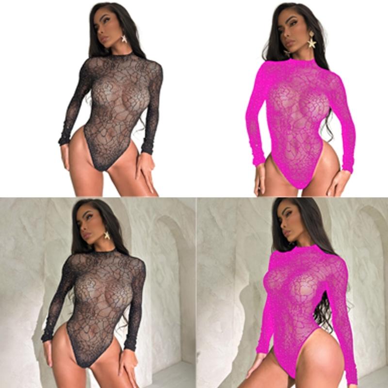 Women Sparkles Rhinestones Teddies Lingerie Long Sleeve Fishnet Bodysuit Top One Pieced Sheer Mesh Lingerie Rave Outfit