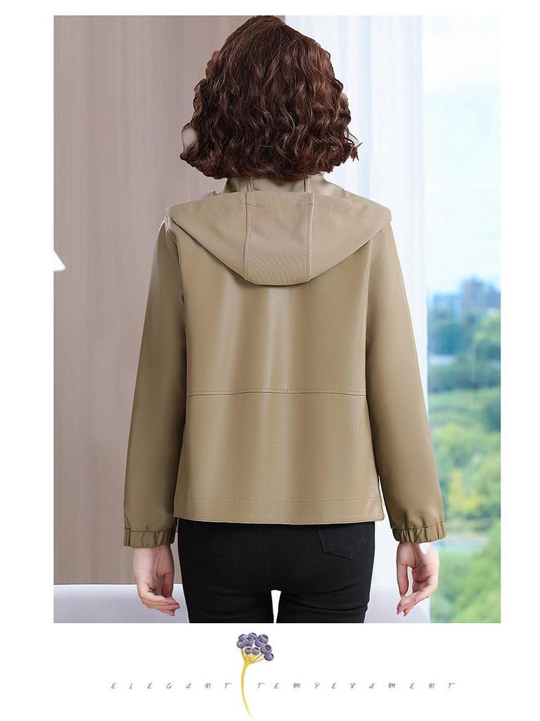 Wiosna/Jesień 2025 Damski Krótki Płaszcz z Kapturkiem ze Skóry PU - Stylowa Kurtka na Zamek dla Młodych Mam.