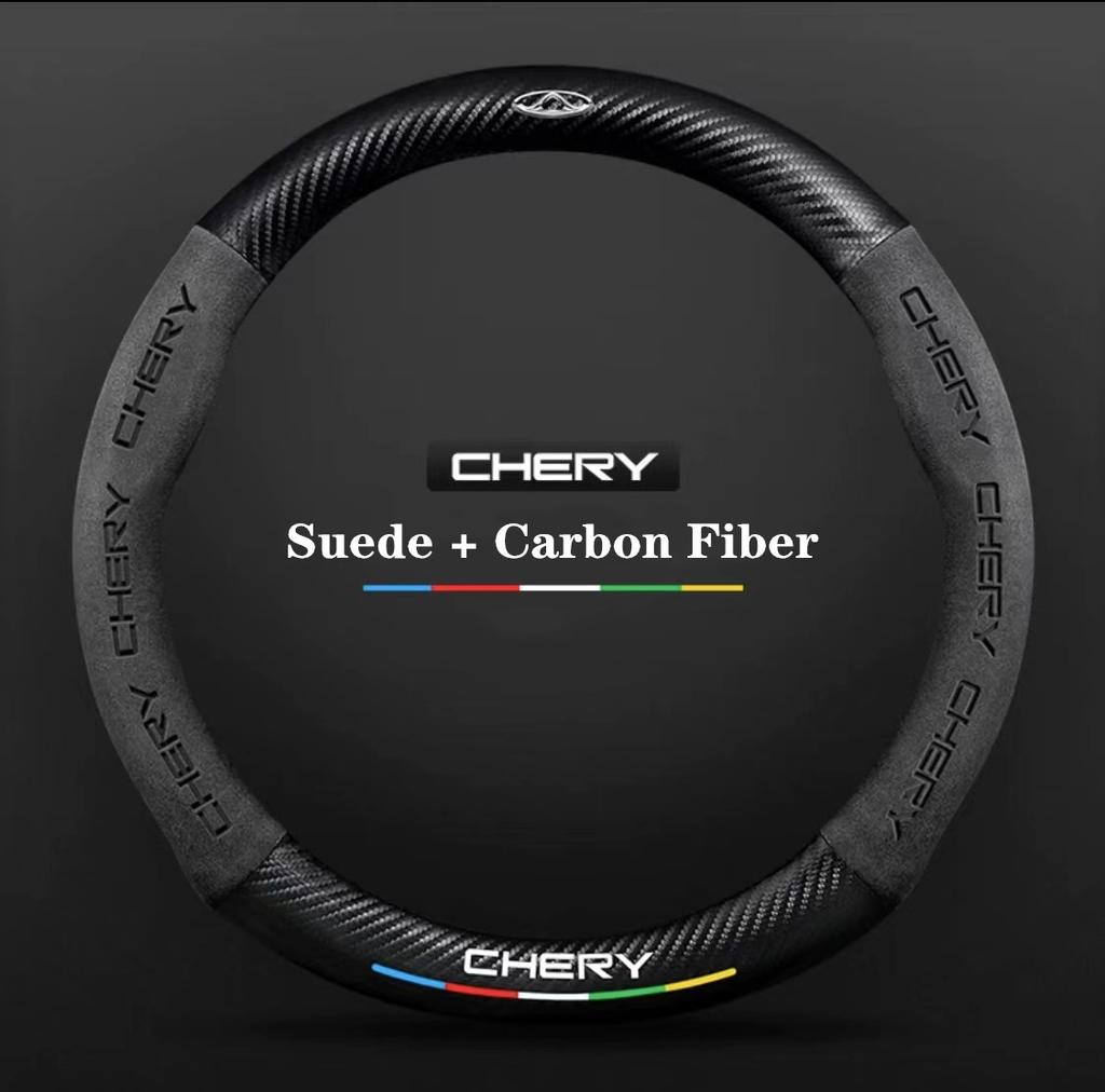 For Chery Tiggo 3 4 5 7 Pro 8 Plus Arrizo 7 GX 5x EQ7 Fulwin 2 Eastar A3 A5 Car 3D Logo Suede Carbon Fiber Steering Wheel Cover