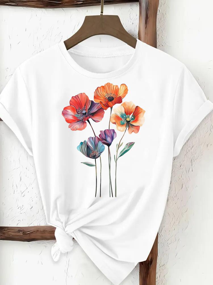 (Asian Size) trend lovely flower style Print Female Clothing T Shirt Woman Women Fashion Tee Top Short Sleeve Graphic T-shirts
