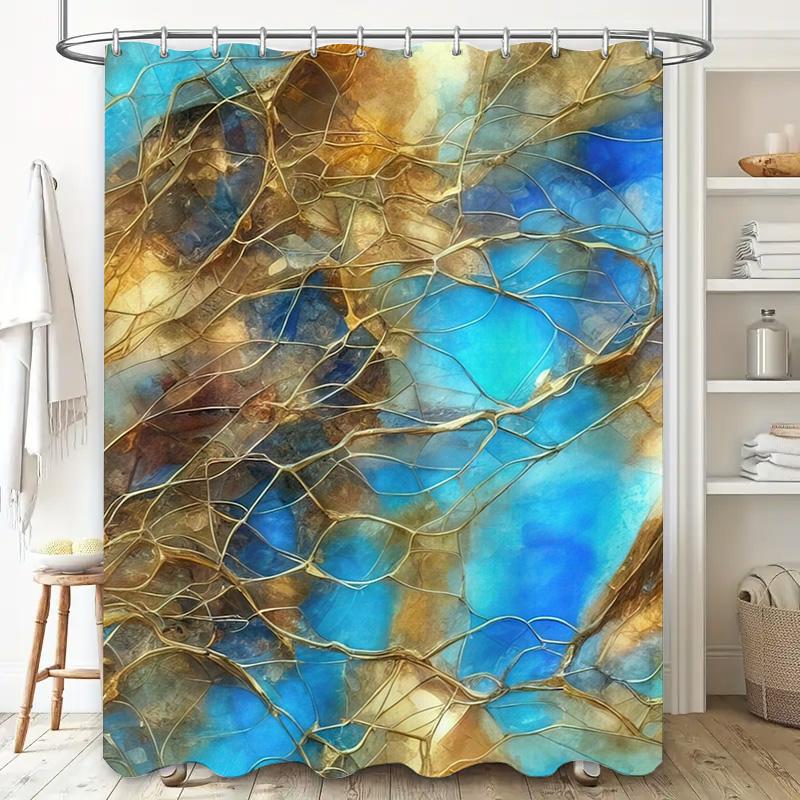 Stylish Bathroom Shower Curtain with Gold Blue Crackled Pattern Decorative Waterproof Fabric for Bathtub Area in Home Decoration