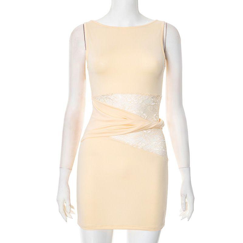 

Cross-Border Summer Women s High Wide Collar Sleeveless Lace Patchwork Waist Twist Ring Dress See-through Sheath Skirt for Women Apricot S