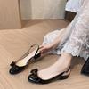 2025 Summer French New Thick Heel Soft Leather Spot Bow Medium Heel High Heels Bag Head Sandals Women's Sandals