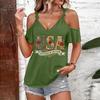 T-shirt décontracté pour femme à épaules dénudées et bretelles à nouer, col en V, manches courtes, haut d'été avec imprimé USA et coupe ample pour un usage quotidien