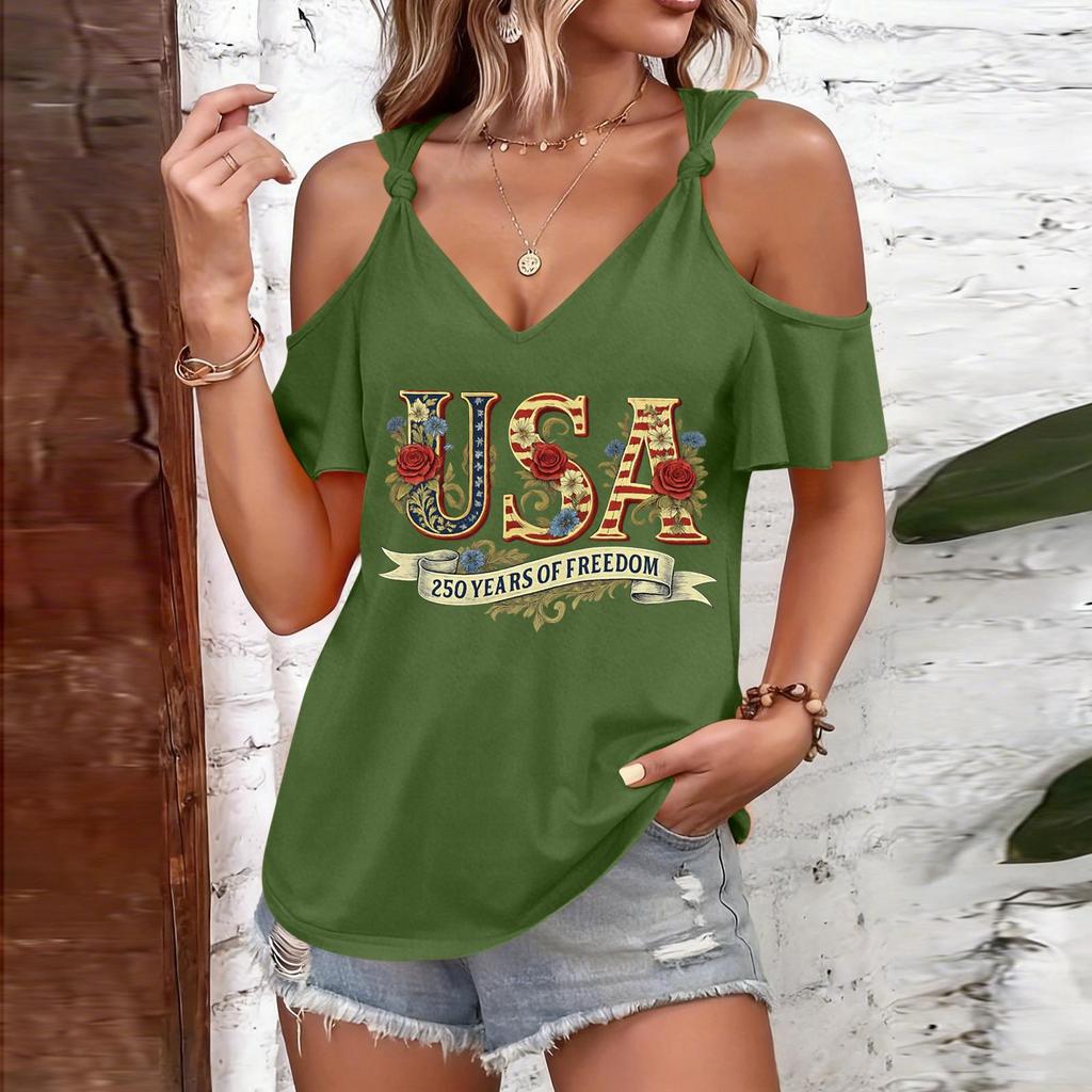 T-shirt décontracté pour femme à épaules dénudées et bretelles à nouer, col en V, manches courtes, haut d'été avec imprimé USA et coupe ample pour un usage quotidien