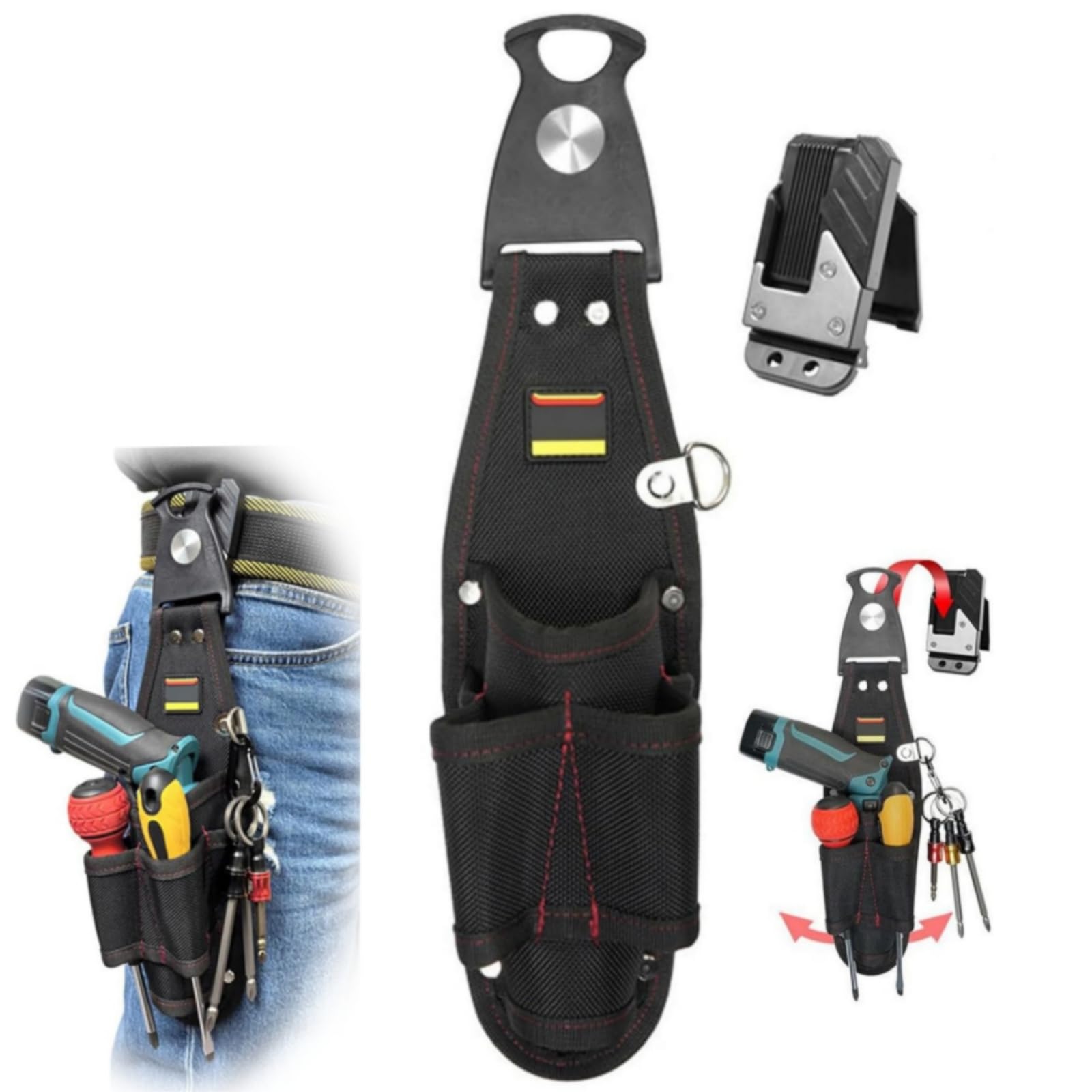 

Pen-type cordless screwdriver case; prevents tools from falling, reduces strain on the back; includes detachable tool holder.