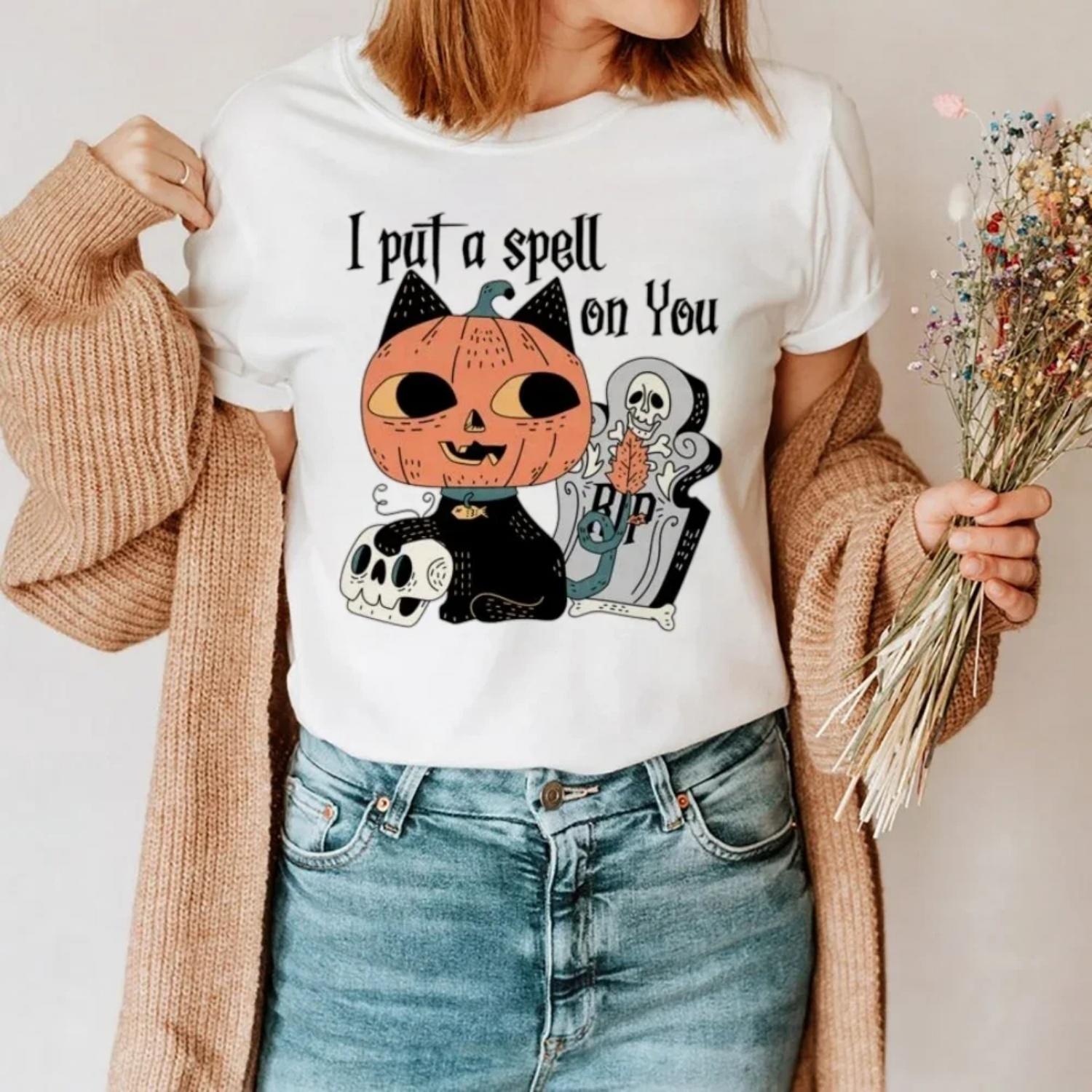 Fashion Cute T-Shirt Top Pumpkin Cat Pattern T-Shirt Women s Fashion Casual Clothing Short Sleeve Women s Printed Autumn T-Shirt XXXXXL белый