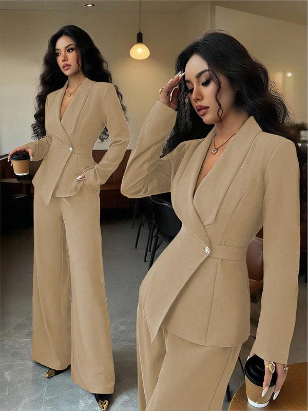 Women's Tailored V-Neck Blazer and Wide Leg Pants Suit Set