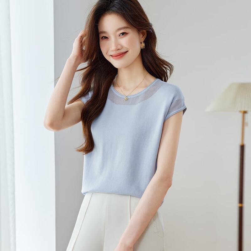 

Srcr Women s Short Sleeve Mulberry Silk Blend Lace Knit Top L