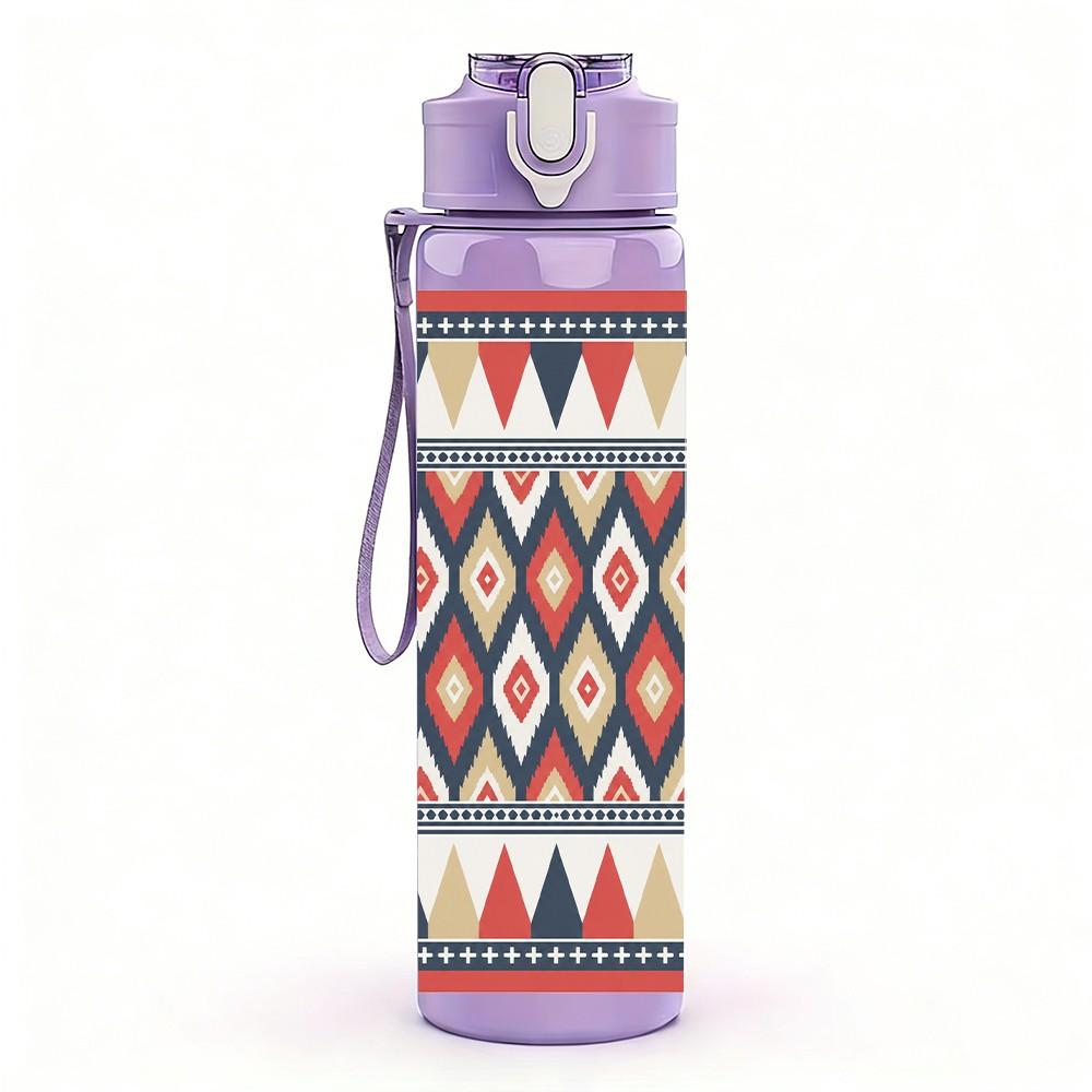 1PC Red Woven Tribal Pattern 750ml Sports Water Bottle Leakproof Straw Lid Outdoor Office Home