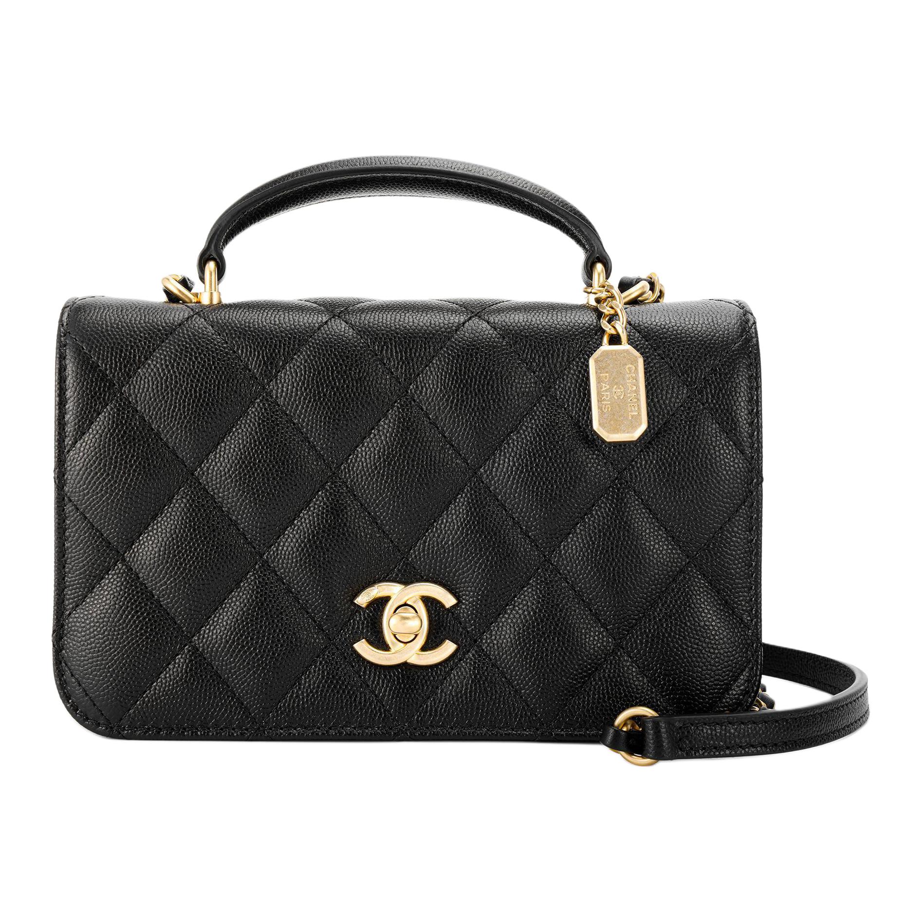 

Chanel 23b Diamond Pattern Leather Chain Link Gold Buckle Caviar Leather Top Handle Shoulder Messenger Bag Mini Female Black Box(Basic Set+Box) чорний