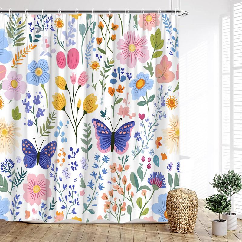 

Кольорова Квіткова Шторка для Душу Акварельні Квіти Листя Сучасна Мінімалістична Шторка для Ванної Поліестерова Тканина Декор для Ванної Кімнати з Гачками 90x180cm