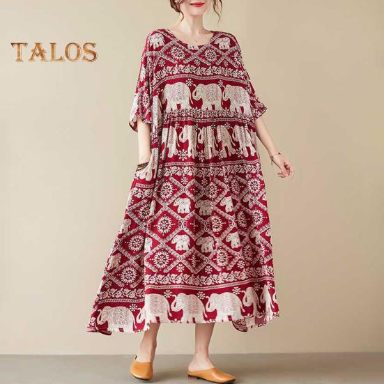 Boho Elephant Floral Print Maxi Dress for Women Oversized Cotton Linen Long Dress Casual Short Sleeve Beach Sundress
