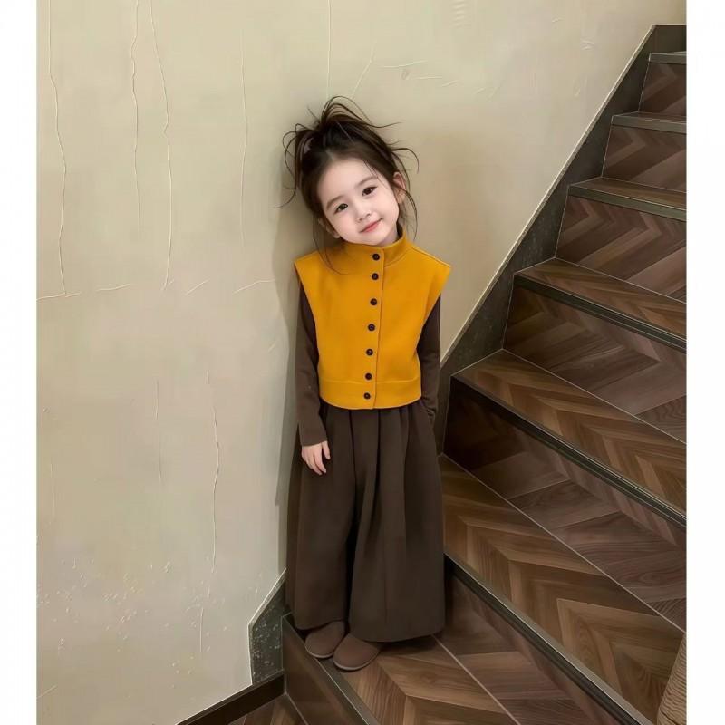 Girls 3-Piece Outfit Set Sweater Vest Long Sleeve Top Wide Leg Pants Casual Toddler Clothes