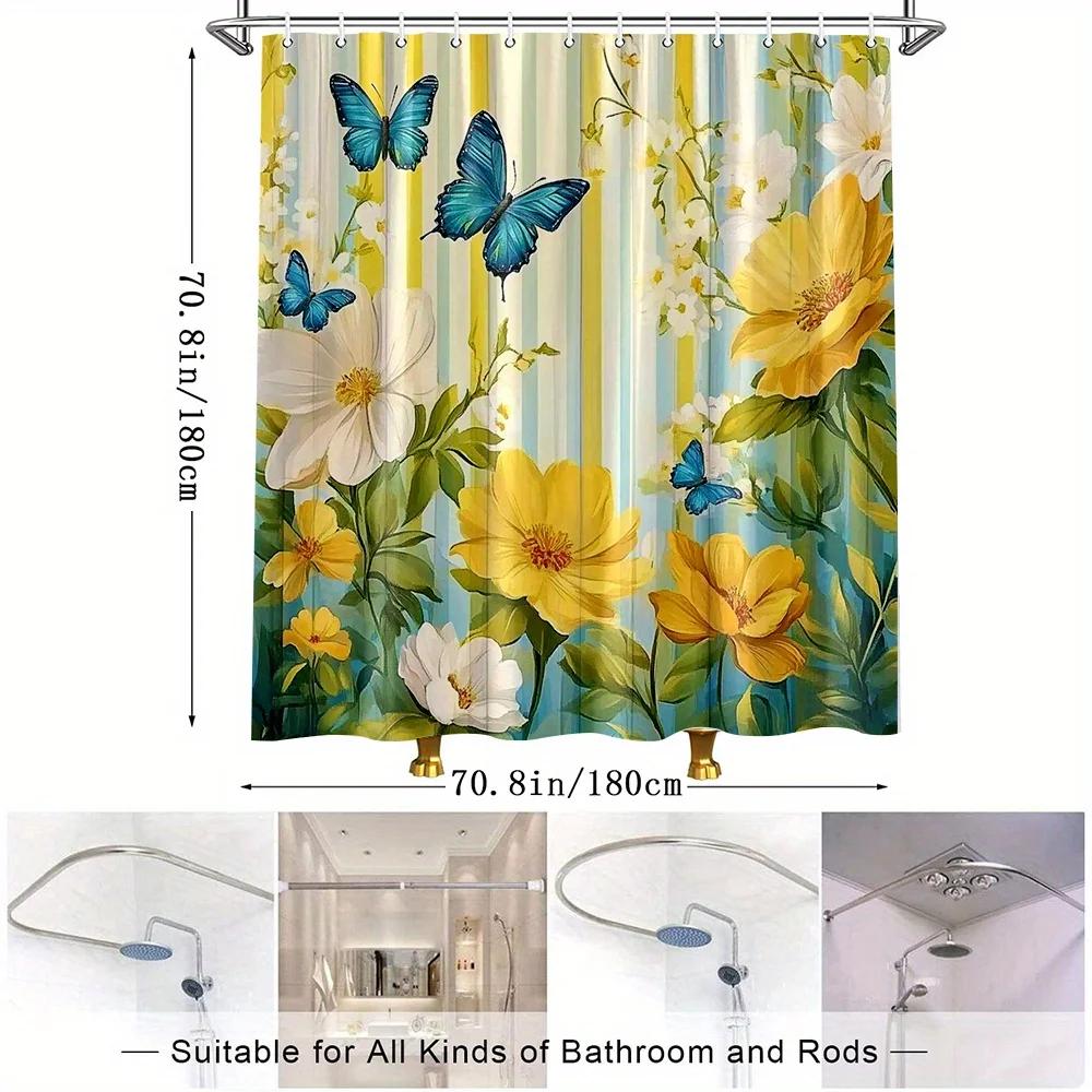 1pc Vibrant Yellow Flowers & Blue Butterflies Shower Curtain - Premium Polyester Fabric, 70.8x70.8 Inches, Machine Washable Bath