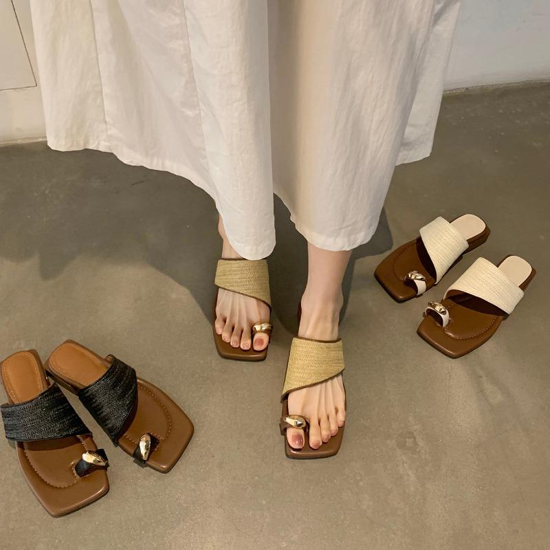 Sheepskin version~ Leather shoes thick heels holiday style straw woven toe slippers women wear new cool slippers in summer