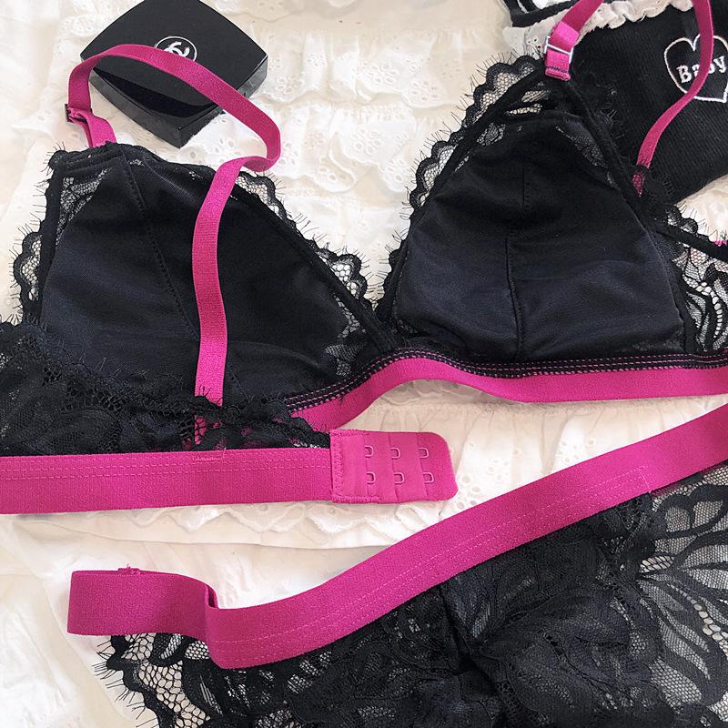 Set intimo sexy per donna Set reggiseno senza ferretto Set reggiseno push up con coppa triangolare in pizzo francese Lingerie romantica con colori di giunzione