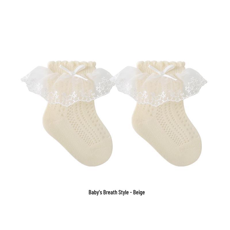 2024 Summer Girls  Thin Mesh Seamless Lace Bow Mid-Calf Socks M 1-3Y