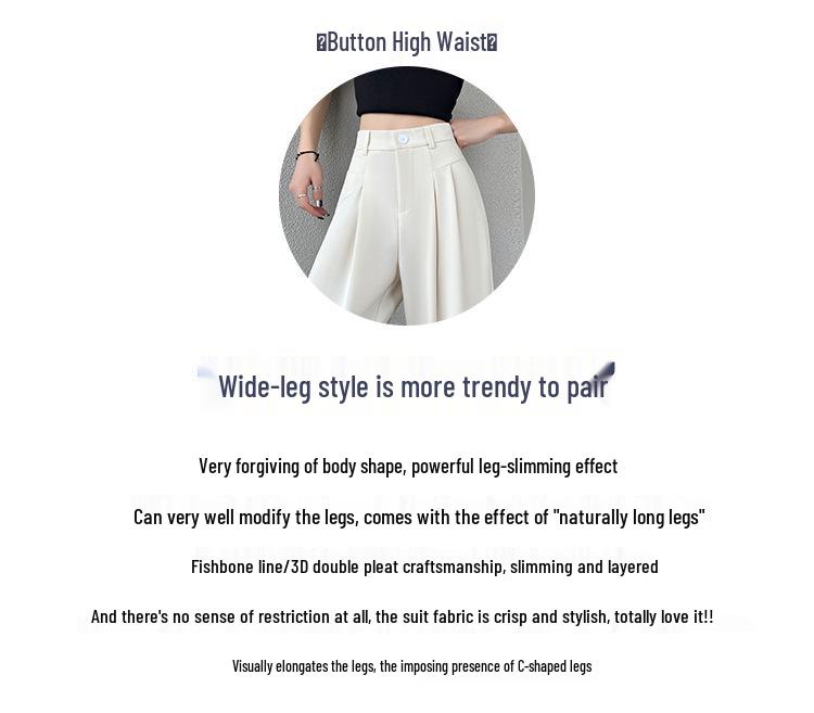Gray High-Waisted Slimming Wide-Leg Suit Pants - Women's Versatile Loose Floor-Length Trousers for Spring and Summer