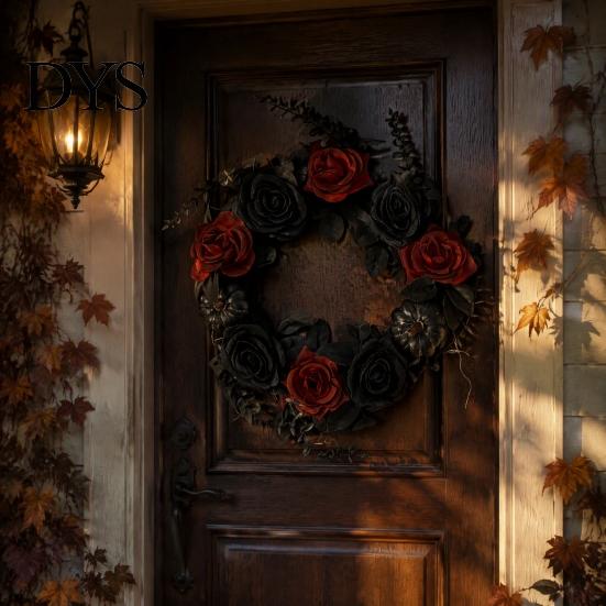 Heim Herbstliche Atmosphäre Dekor Halloween Kranz für Haustür, Künstlicher Herbst Ahornblatt Rose Kürbis Vintage Dunkle Ästhetik Partyzubehör Kranz,