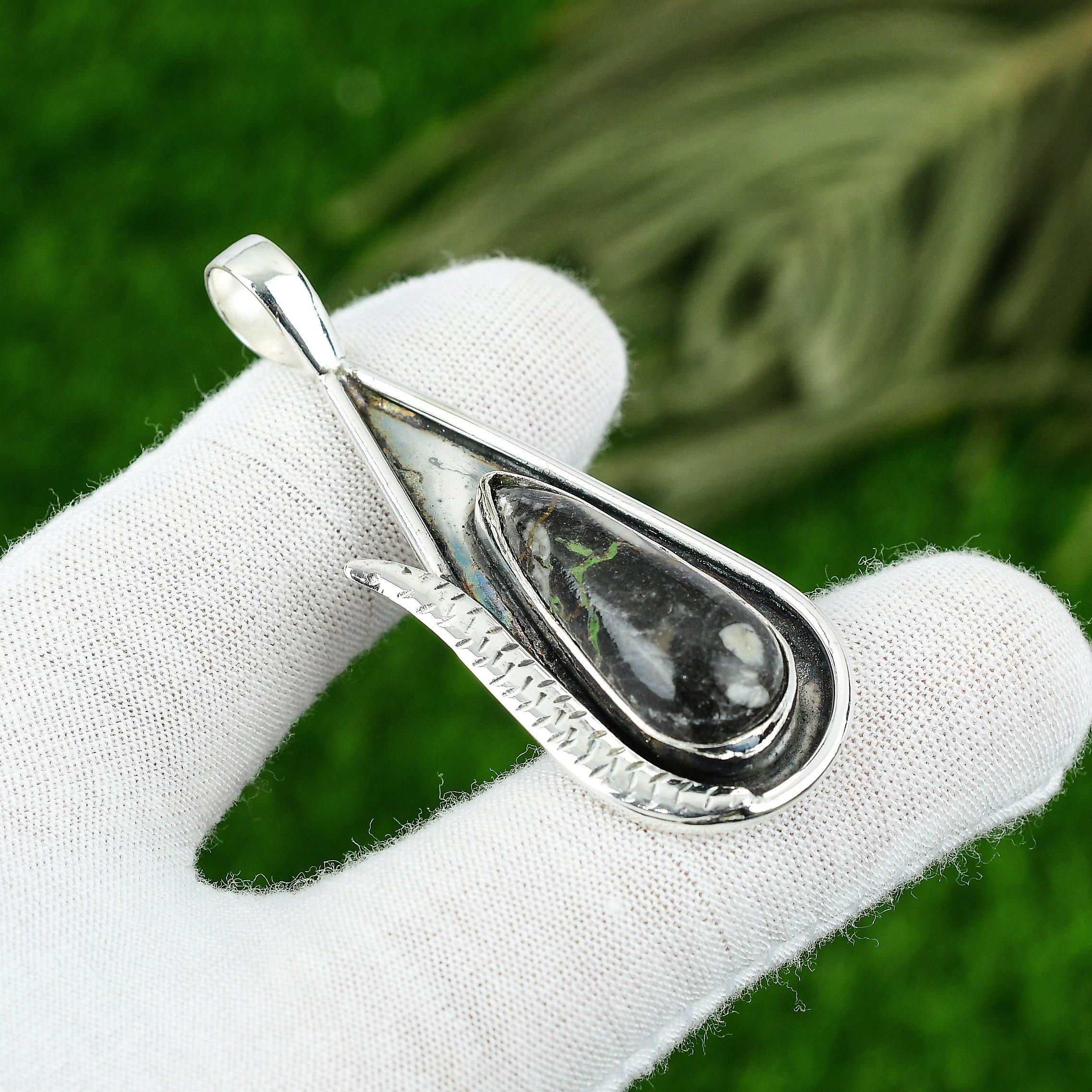 

Orthoceras Fossil Gemstone 925 Sterling Silver Art Deco Bezel Daughter Pendant