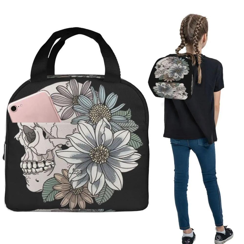 Vintage Gothic Skull Roses Insulated Lunch Bag for Women Kids Portable Food Boxes Thermal Lunch Box Tote