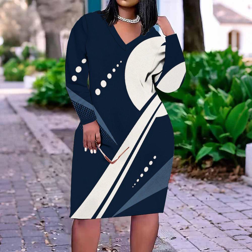 Women Plus Size V Neck Long Sleeve Radial Printed Black Orange Beige Straight Hem Dress