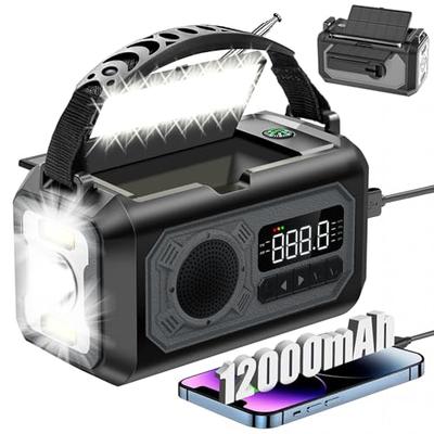 Built-in 12000mAh Battery, Solar-Powered Multi-Function Radio, Hand-Crank Radio, Radio Light, Rechargeable Radio Light, Flashlight, Reading Lamp, SOS