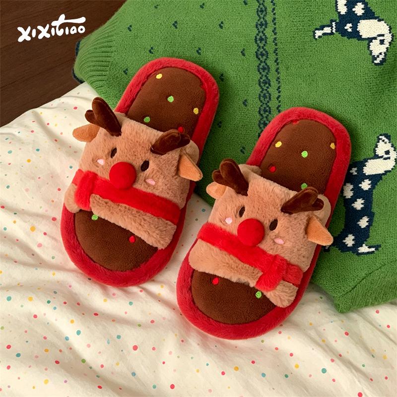 Christmas Reindeer Cartoon Plush Slippers Men Women Winter Comfortable Light Bedroom Shoes Furry Home Open-toed Slides