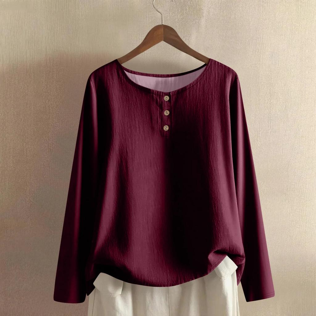 Women's Fashionable And Casual Shirt Long Sleeve Round Neck -color Cotton And Linen Blouse Top