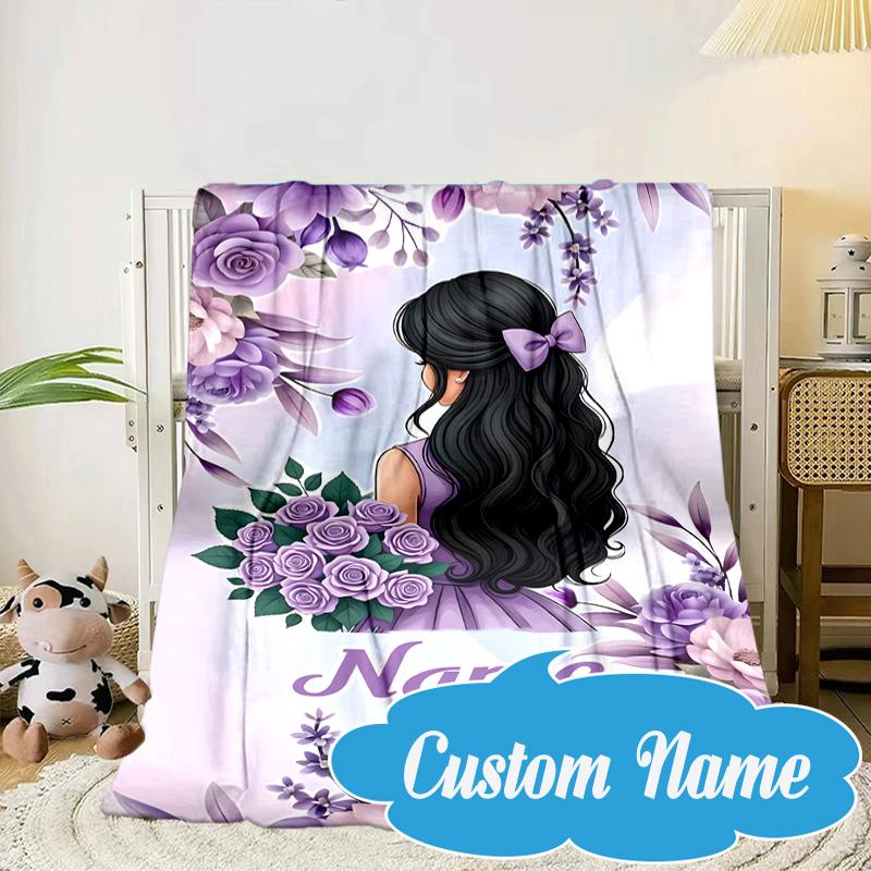 Custom Name Floral Princess Blanket bed sofa Blanket Flannel Blanket for Camping, Hiking, Picnic Essentials,gift for Fan family