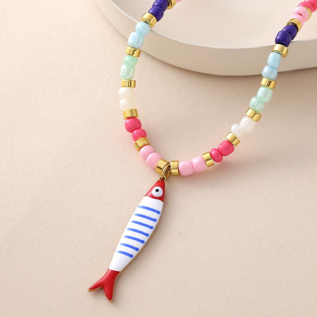 Collana con Ciondolo Pesce Bohemien con Perline Colorate e Catena in Acciaio Inossidabile per Donne e Uomini