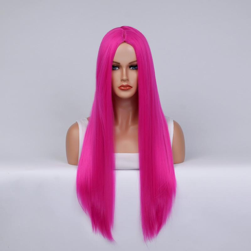 Long Straight Cosplay Wig with Middle Part Woman Anime Ombre Hallowmas Lolita Synthetic Wig Pink  Red Heat Resistant Hair