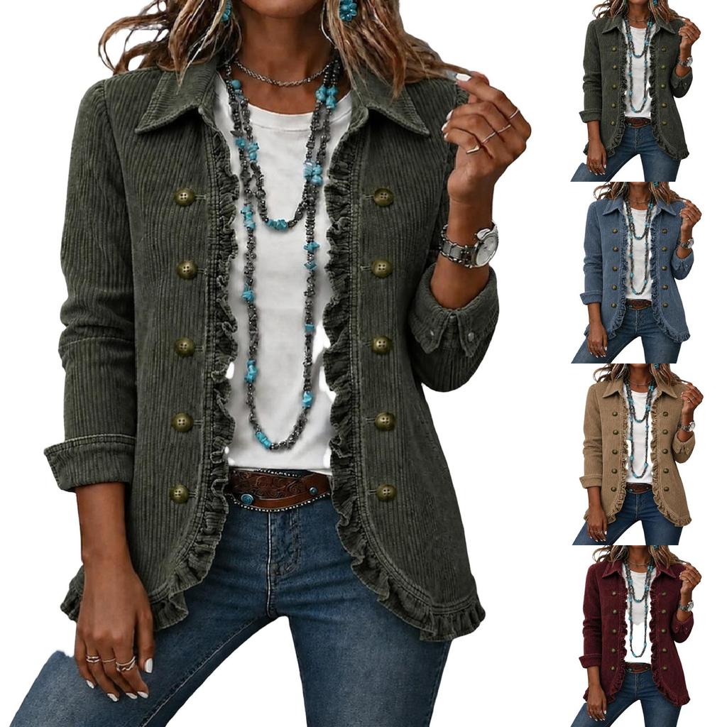 Damen Kord Kürzjacke mit Rüschensaum, Reverskragen und doppelreihigem Design