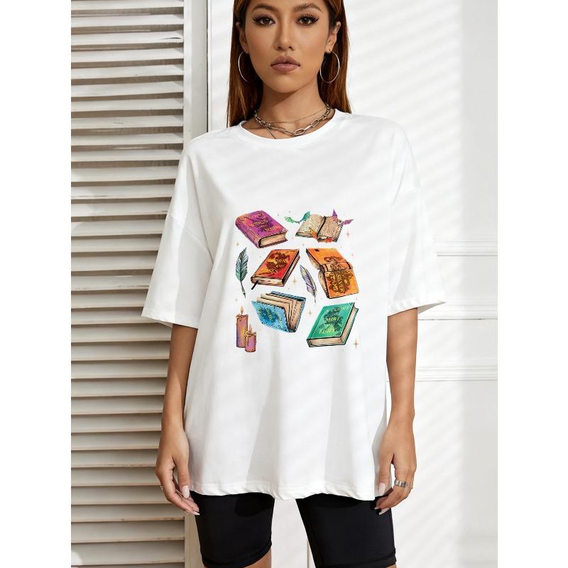 

Vintage Oversized T-Shirt with Colorful Magical Books + Candle-Feather Print – Fantasy Book Lover Themed Literary Top XXXXL білий