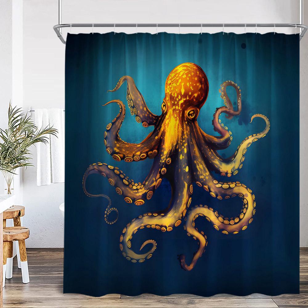 Octopus Nautical Shower Curtain Ocean Animal Wave Marine Life Map Vintage Bathroom Decor Sea Kid Child Bath Curtain With Hook