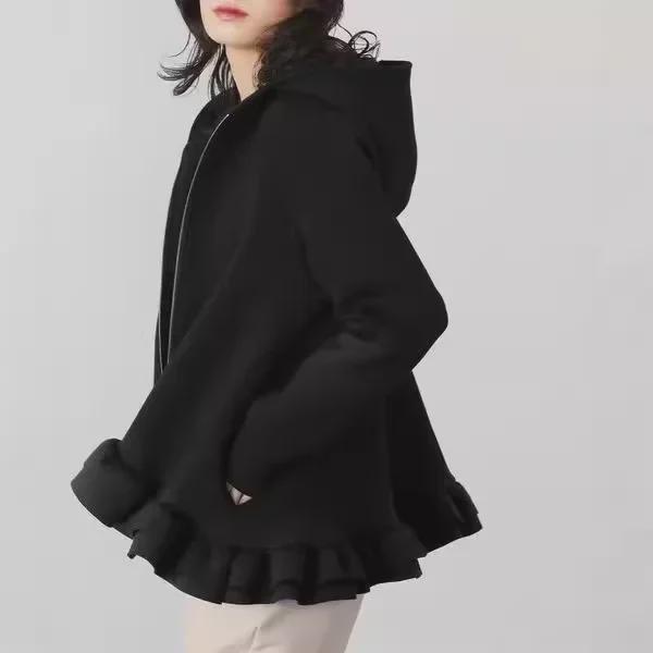 In-Stock 2024 Japanese Autumn/Winter Lotus Leaf Hem Zipper Sweatshirt