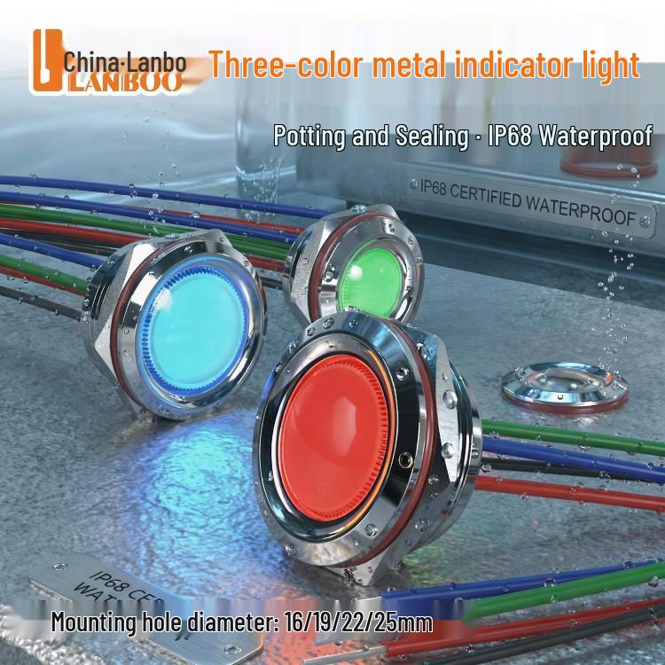 Blue Wave Tri-Color Metal Signal Indicator Light - Waterproof IP68, Explosion-Proof, 16/19/22/25mm, Wired, 220V