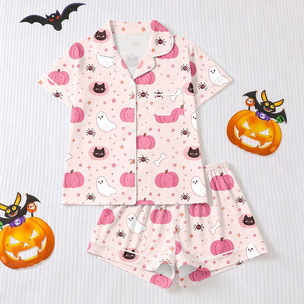 Women's Halloween Pajama Set Short Sleeve Button Down Shirt and Shorts 2-Piece Sleepwear