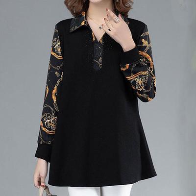 T-shirt Midi Vintage Imprimé à Col Rabattu Mode Vêtements pour Femmes Automne Manches Longues Décontracté Losanges Épisés Pulls Hauts