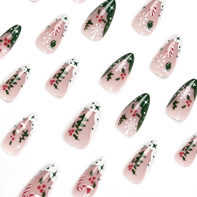 Wear nail pads Christmas French white and green contrasting color nail pads Snowflake crutches Wear armor