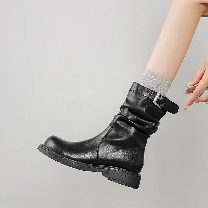 Fashion 2024 New Retro Women Boots Autumn Winter Slip-On Mid-Calf Round Toe Square Heel Basic Women Shoes Motorcycle Boots