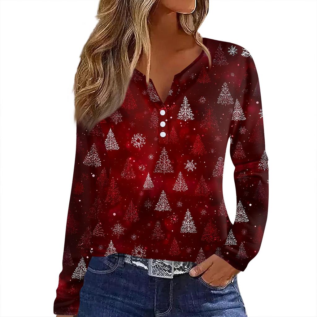 Women's T Shirt Tee Christmas Print Button Long Sleeve Daily Weekend Fashion Basic V- Neck Regular Top