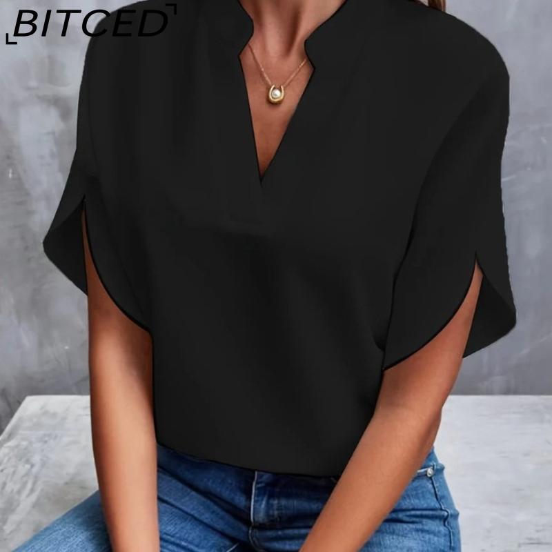 

Летняя рубашка BITCED с V-образным вырезом для женщин - Однотонный повседневный пуловер с коротким рукавом S чёрный