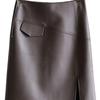 Korean Fashion Autumn Women's Solid Color Zipper Asymmetrical High Waist Split Slim Bag Hip Mid-length A-line PU Leather Skirt