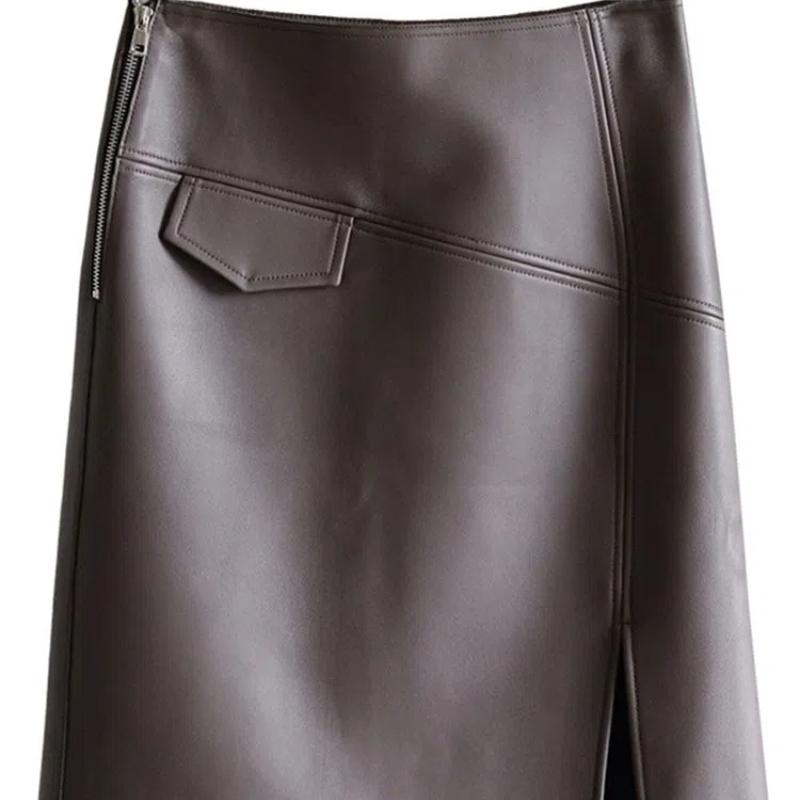 Korean Fashion Autumn Women's Solid Color Zipper Asymmetrical High Waist Split Slim Bag Hip Mid-length A-line PU Leather Skirt